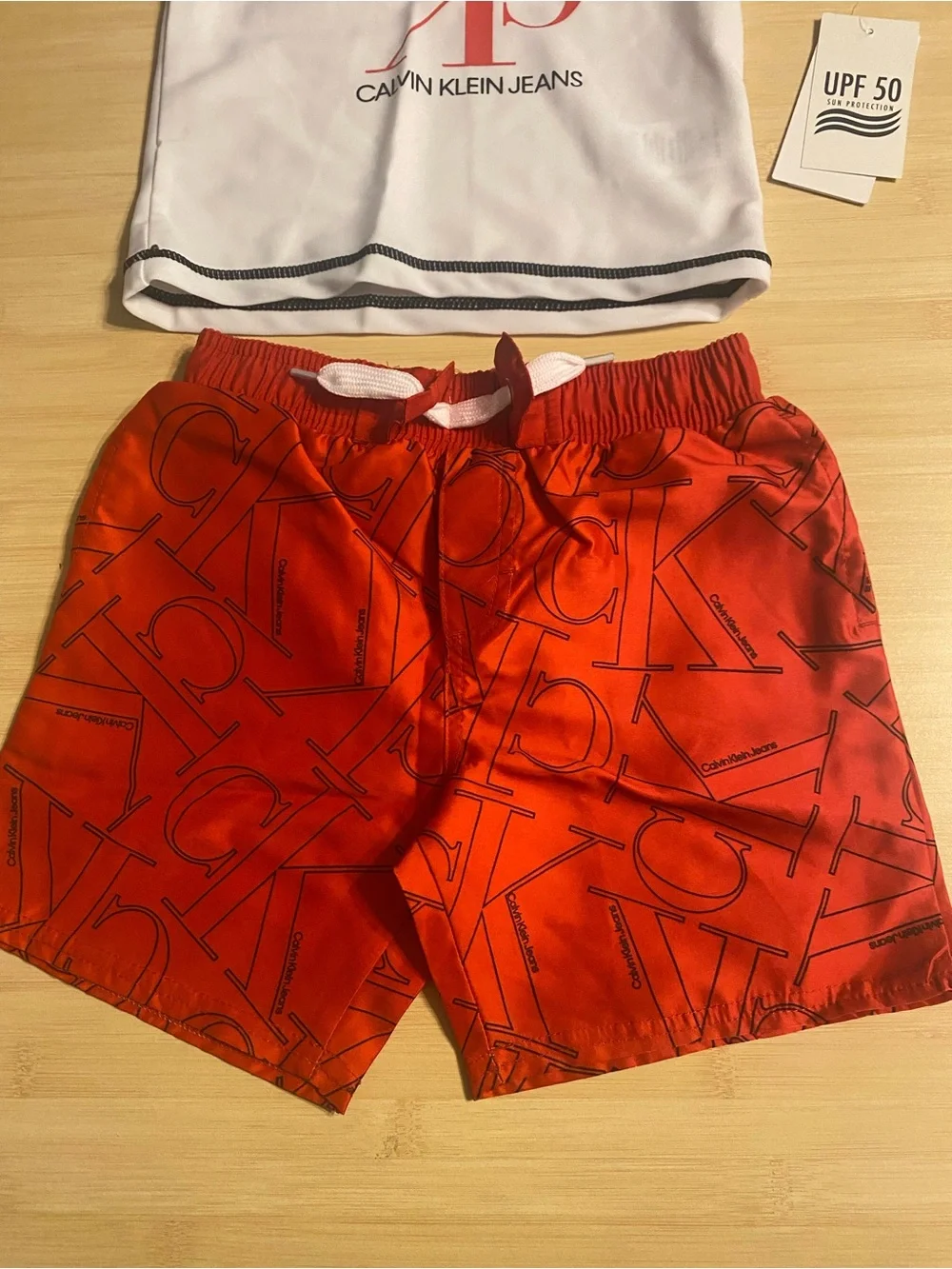 New Calvin Klein Boys Swim 2 piece Set Trunks Shirt Toddler Red White